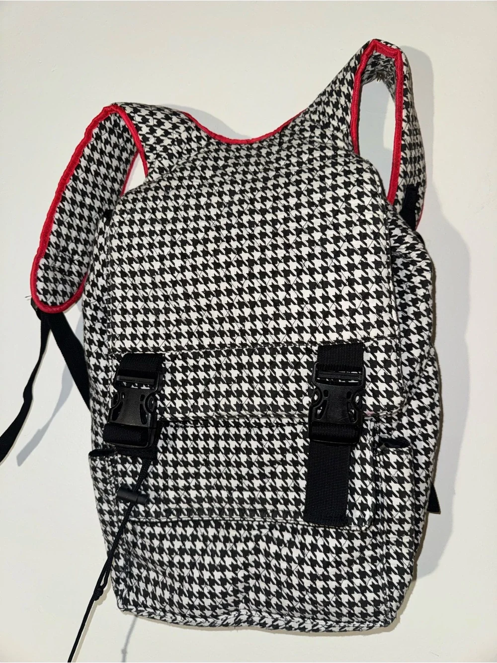 Houndstooth Print Backpack Diaper Bag with Red Trim